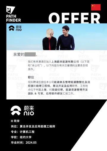 蔚来 · 算法开发及应用助理工程师,学员 Offer 原图